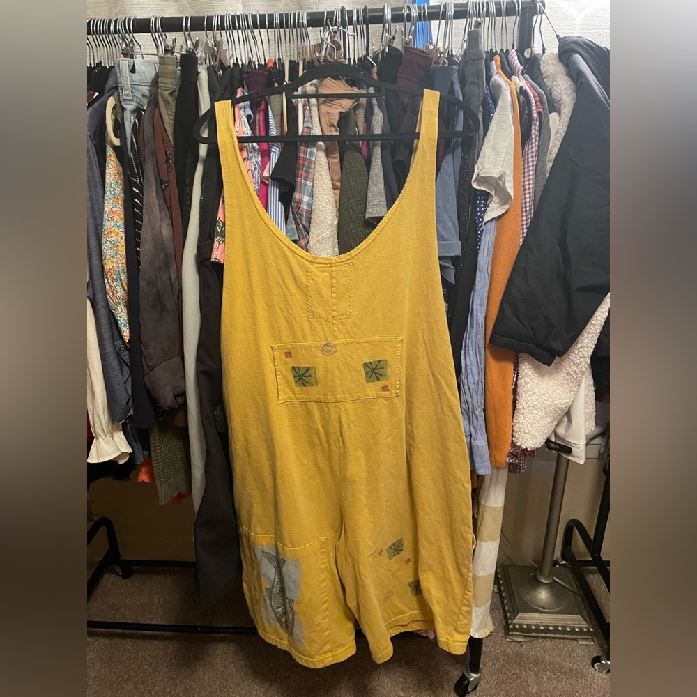BLUE FISH Vintage Cotton Lagenlook Yellow Sleeveless Jumpsuit with Pockets
